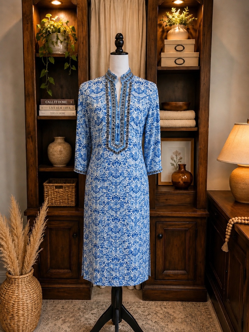 Nicoblu Sapphire Beaded Mediterranean Lux Midi Dress Blue White Resort Size 6